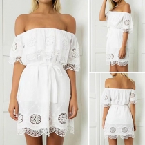 Sexy Off-shoulder Boat Neck Lace Spliced Solid Color Dress