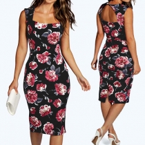 Sexy Backless Sleeveless Square Collar Printed Pencil Dress