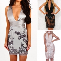 Sexy Crossover Backless Deep V-neck Sequin Spliced Party Dress
