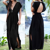 Sexy Backless Deep V-neck Slit Hem High Waist Party Dress