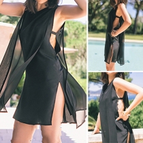 Sexy Hollow Out Slit Hem Chiffon Spliced Sleeveless Round Neck Dress