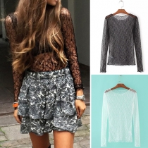 Sexy Long Sleeve Round Neck See-through Lace T-shirt