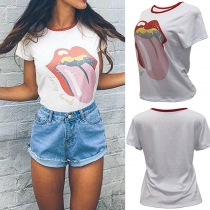 Fashion Red-lip Printed Short Sleeve Round Neck T-shirt