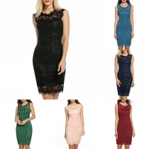 Elegant Solid Color Sleeveless Round Neck Slim Fit Lace Dress