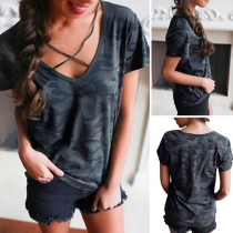 Fashion Camouflage Printed Short Sleeve V-neck T-shirt