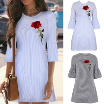 Fashion Half Sleeve Round Neck Embroidered Striped Dress