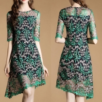 Elegant Style Half Sleeve Round Neck Oblique Hem Embroidered Gauze Dress