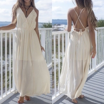 Sexy Backless Deep V-neck Lace Spliced Sling Maxi Dress