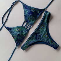 Sexy Feather Printed Lace-up Halter Bikini Set