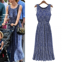 Bohemian Style Sleeveless Round Neck Elastic Waist Printed Maxi Dress