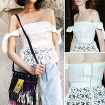 Sexy Off-shoulder Boat Neck Lace Spliced Hem Solid Color Top