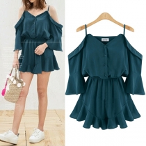 Sexy Off-shoulder V-neck Trumpet Sleeve Elastic Waist Solid Color Sling Dress