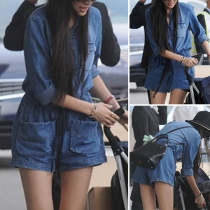 Retro Style Long Sleeve Stand Collar Elastic Waist Denim Romper