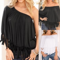 Fashion Solid Color Round Neck Tassel Hem Cape-style T-shirt