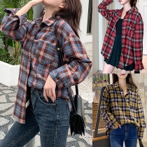 Fashion Long Sleeve POLO Collar Plaid Shirt