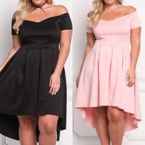 Sexy Off-shoulder Boat Neck High-low Hem Solid Color Dress