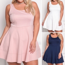 Elegant Solid Color Sleeveless Round Neck High Waist Dress
