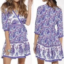 Sexy Deep V-neck Half Sleeve Printed Dress