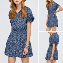 Fashion Short Sleeve V-neck Elastic Waist Floral Print Dress