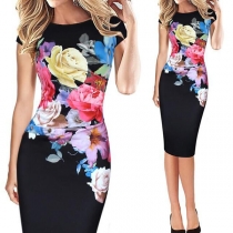 OL Style Short Sleeve Round Neck Printed Pencil Dress