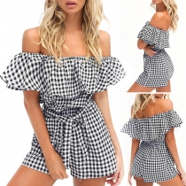 Sexy Off-shoulder Boat Neck High Waist Plaid Romper