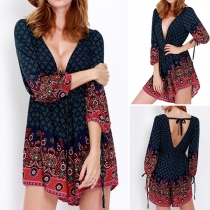 Sexy Backless Deep V-neck 3/4 Sleeve Printed Romper