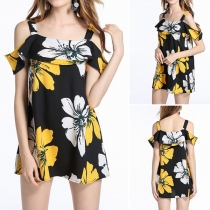 Sexy Off-shoulder Short Sleeve Ruffle Printed Sling Dress