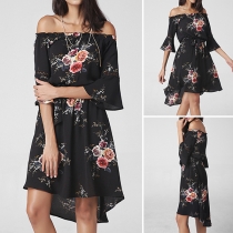 Sexy Off-shoulder Boat Neck Trumpet Sleeve High-low Hem Printed Dress