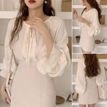 Fashion Lace Spliced Long Sleeve V-neck Solid Color Crop Top