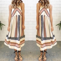 Fashion Sleeveless Round Neck Contrast Color Striped Maxi Dress