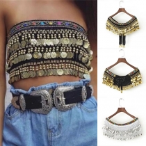 Sexy Copper Coins Tassel Bowknot Lace-up Bandeau Top