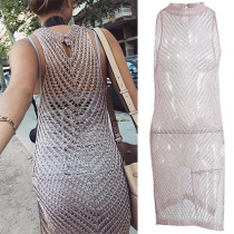 Sexy Sleeveless Mock Neck Slit Hem Hollow Out Bikini Smock