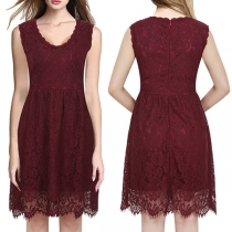 Elegant Solid Color Sleeveless Round Neck Lace Dress