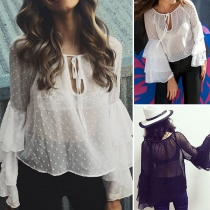 Sexy Solid Color Lotus Sleeve See-through Chiffon Blouse