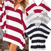 Sexy Backless V-neck Dolman Sleeve Striped T-shirt Dress