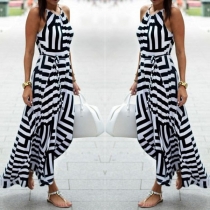 Fashion Sleeveless Round Neck Sling Striped Dress