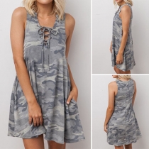 Fashion Camouflage Printed Sleeveless Lace-up V-neck Dress