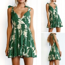 Bohemian Style Backless Deep V-neck Sleeveless Printed Dress
