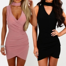 Elegant Solid Color Sleeveless Choker V-neck Irregular Hem Bodycon Dress