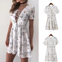 Sexy Lace-up Deep V-neck Short Sleeve Printed Dress