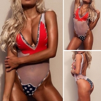 Sexy Backless Deep V-neck Gauze Spliced Printed One-piece Swimsuit