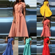 Elegant Solid Color Short Sleeve POLO Collar Single-breasted Shirt Dress