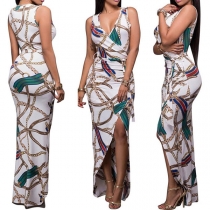 Sexy Deep V-neck Irregular Slit Hem Sleeveless Slim Fit Printed Party Dress