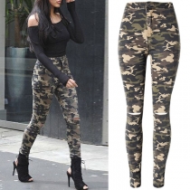 Chic Style Camouflage Printed Low-waist Slim Fit Ripped Pants
