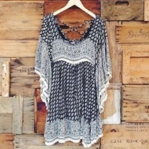 Sexy Backless Dolman Sleeve Round Neck Printed Dress