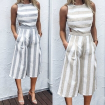 Sexy Backless Sleeveless Round Neck High Waist Striped Jumpsuit