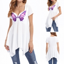 Fashion Butterfly Printed Short Sleeve Square Collar Irregular Hem Top