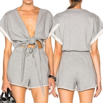 Fashion Solid Color Short Sleeve V-neck Top + High Waist Shorts Sports Suit