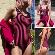 Sexy Backless Sleeveless Round Neck Striped Bodysuit