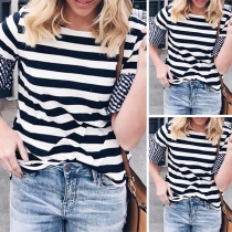 Fashion Plaid Spliced Trumpet Sleeve Round Neck Striped T-shirt